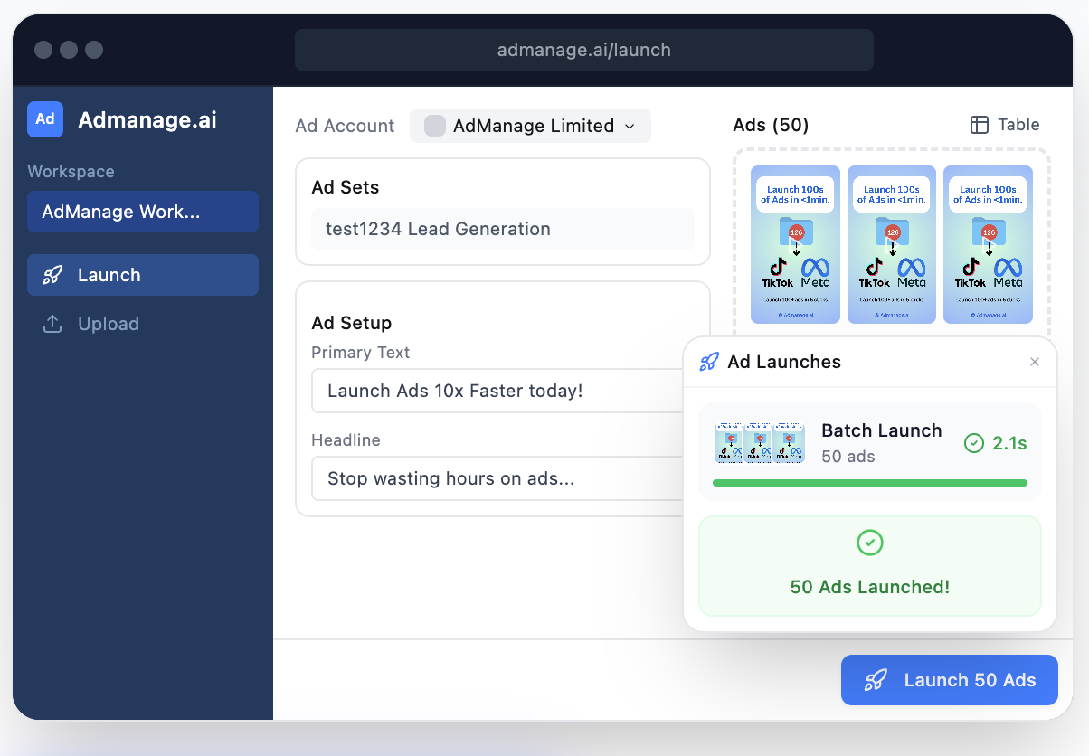 The AdManage launcher pushing a batch of ads live with post-ID, naming and UTMs set once