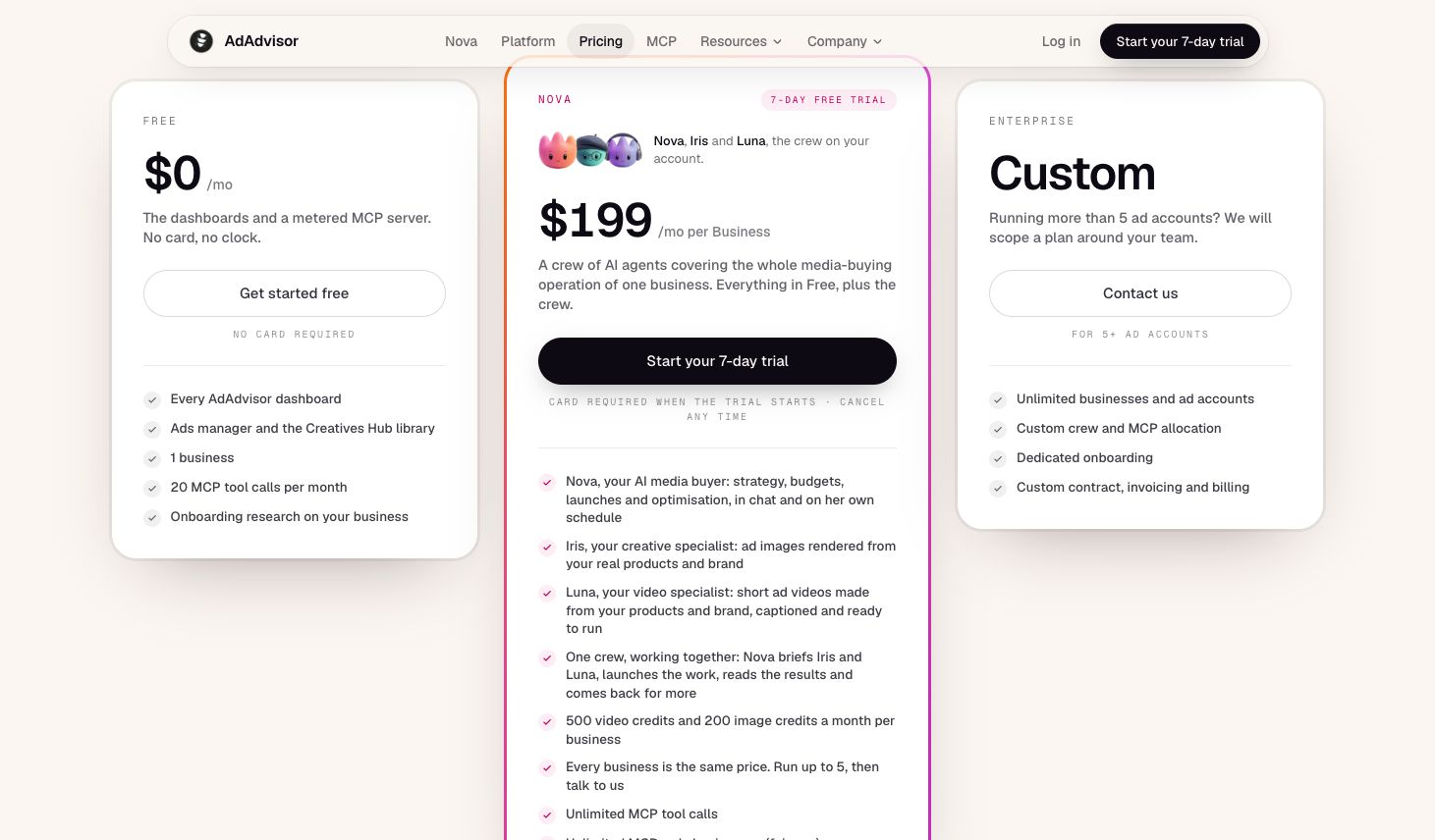 AdAdvisor Nova's published pricing and plan limits