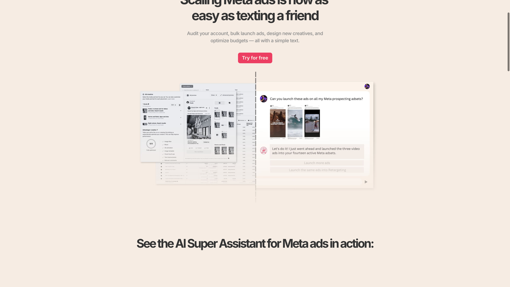 Adamigo's AI Agent chat interface for launching and adjusting Meta ads by texting the assistant