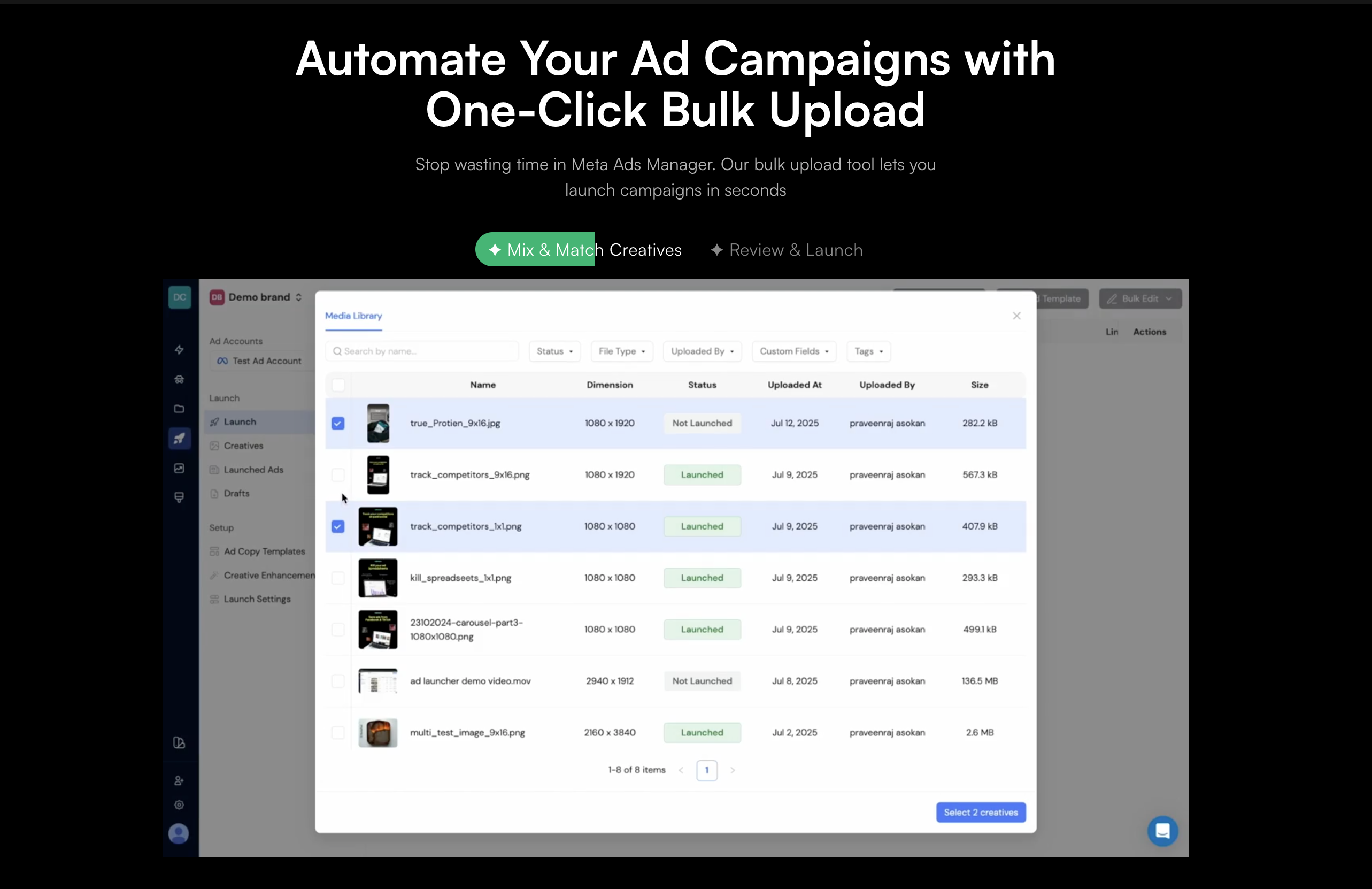 Adnova's one-click bulk upload, built around Meta Ads Manager