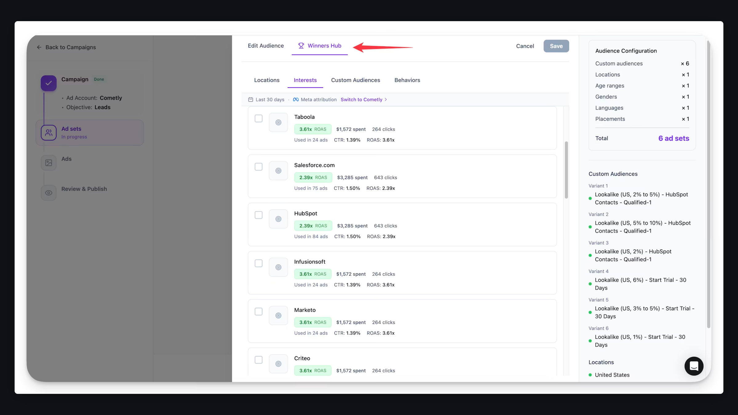 AdStellar's AI campaign builder scoring interest segments by ROAS and assembling ad-set variants