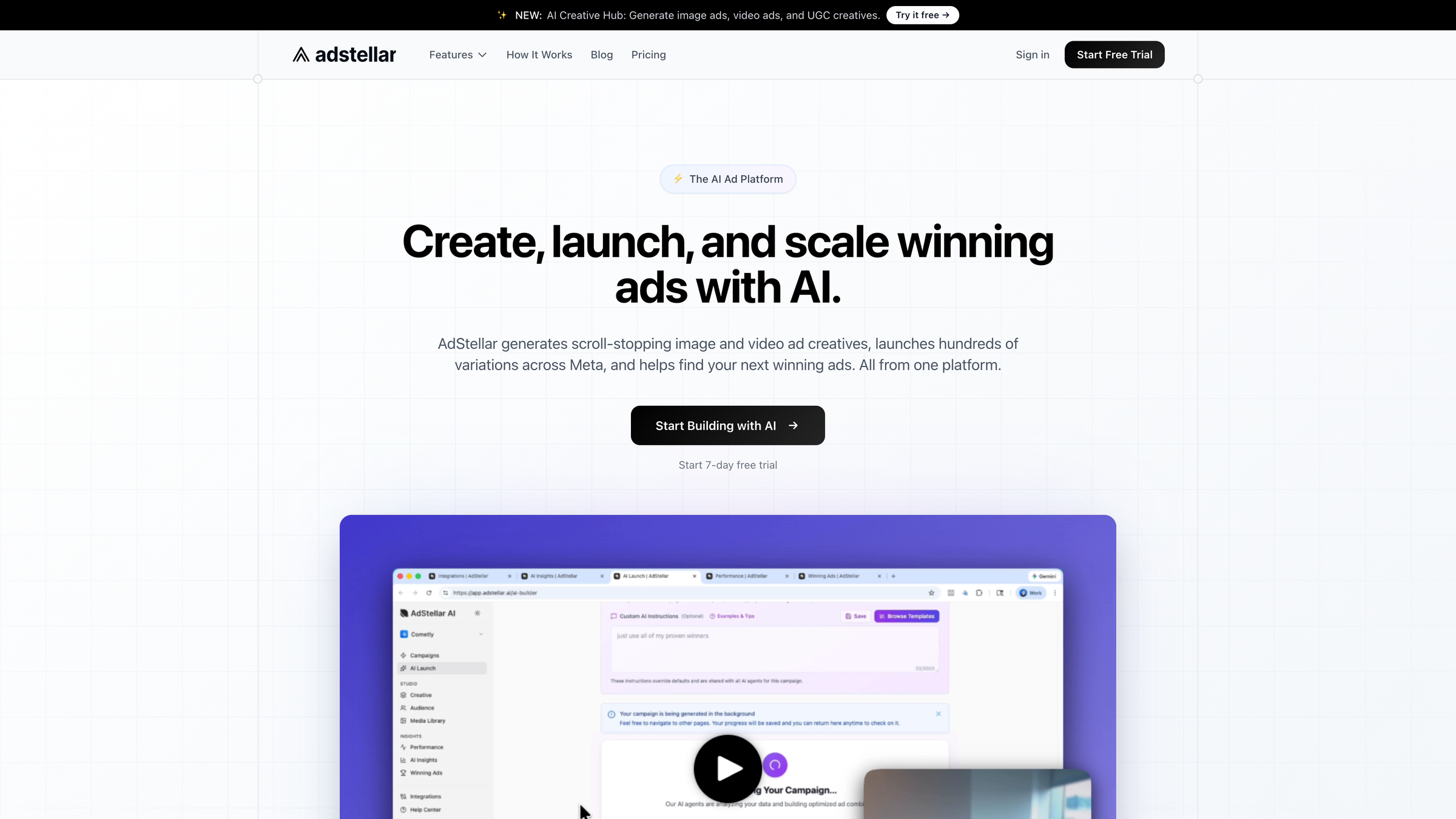 AdStellar's product home with its sidebar: AI Launch, Creative, Audience, Performance, AI Insights and Winning Ads
