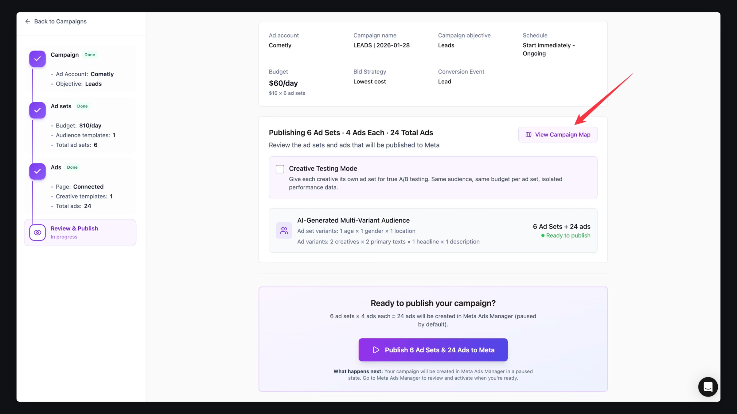 AdStellar's AI building a multi-variant Meta campaign for review before publishing