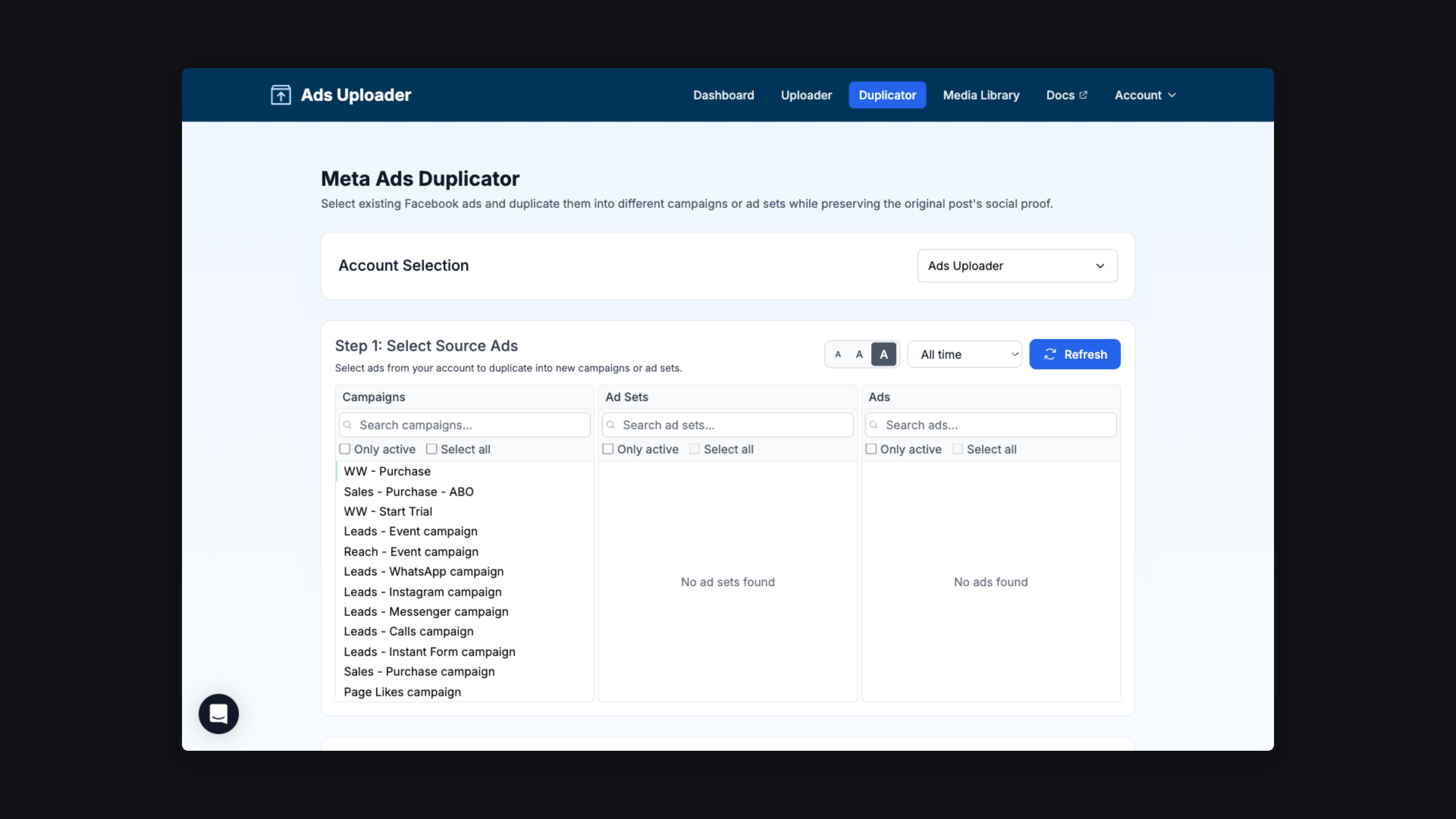 Ads Uploader's Meta Ads Duplicator, selecting source campaigns to clone while preserving social proof
