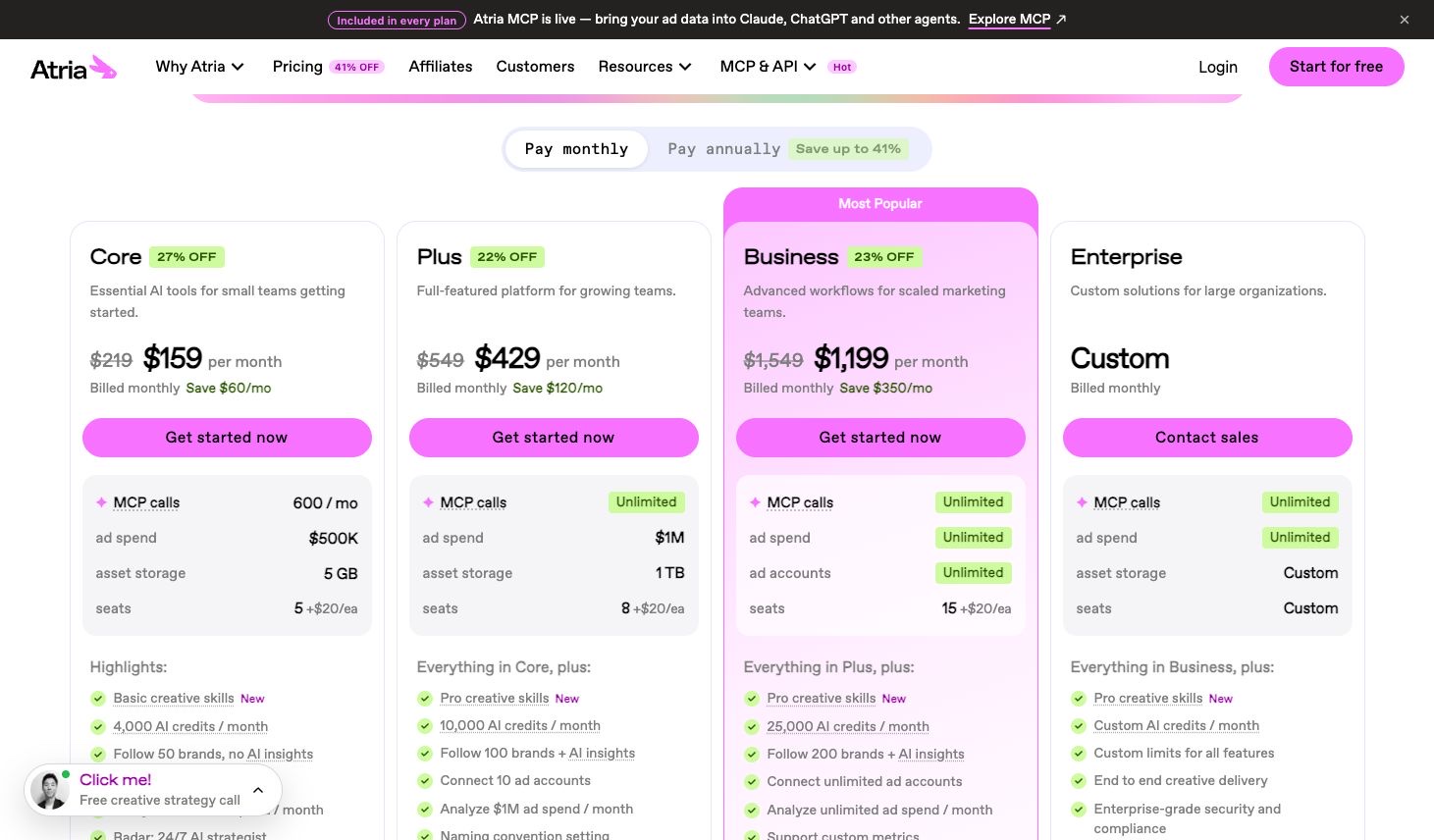 Atria (tryatria)'s published pricing and plan limits