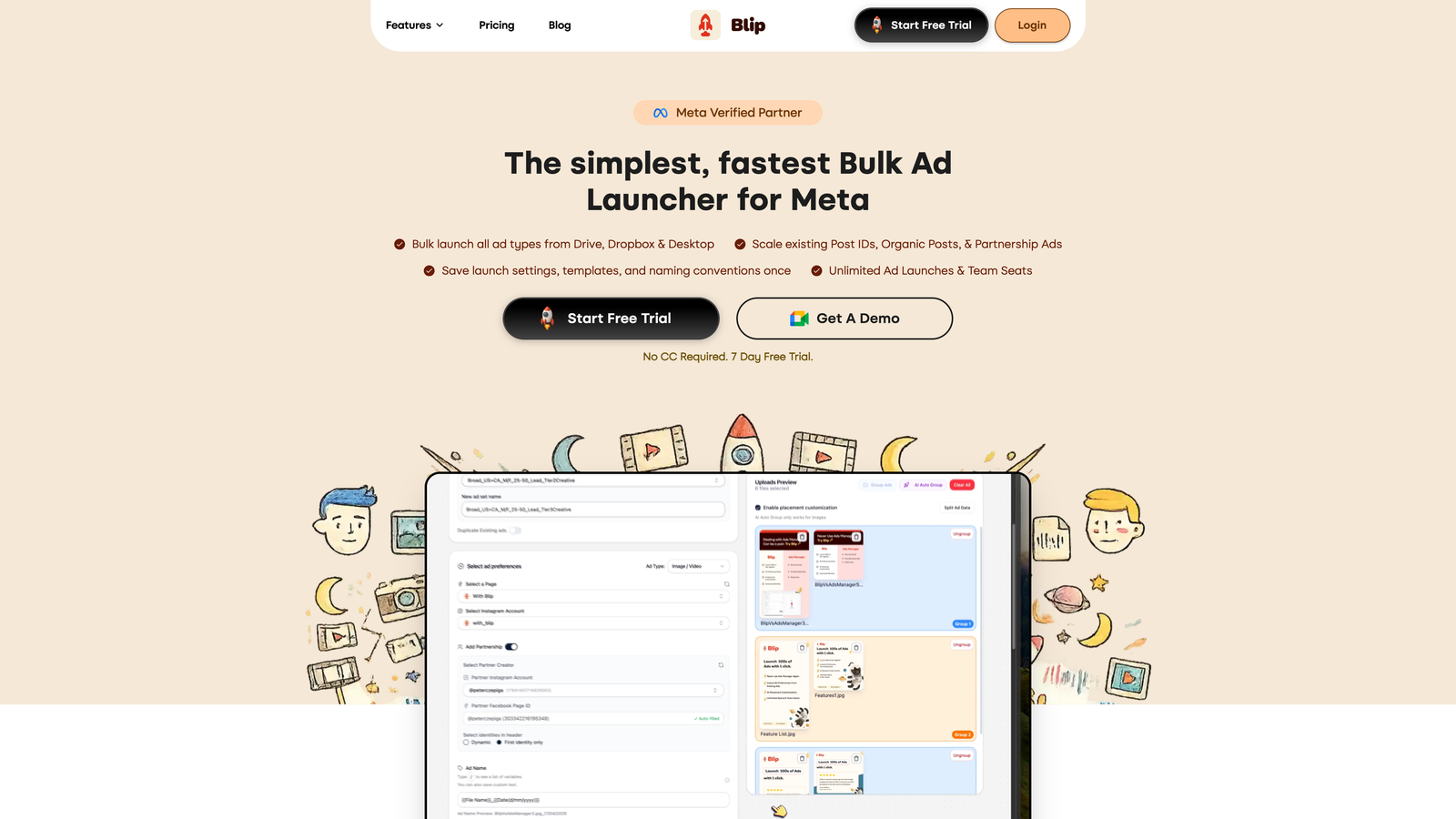 Blip's homepage: the simplest, fastest bulk ad launcher for Meta, with its launcher previewed in the hero