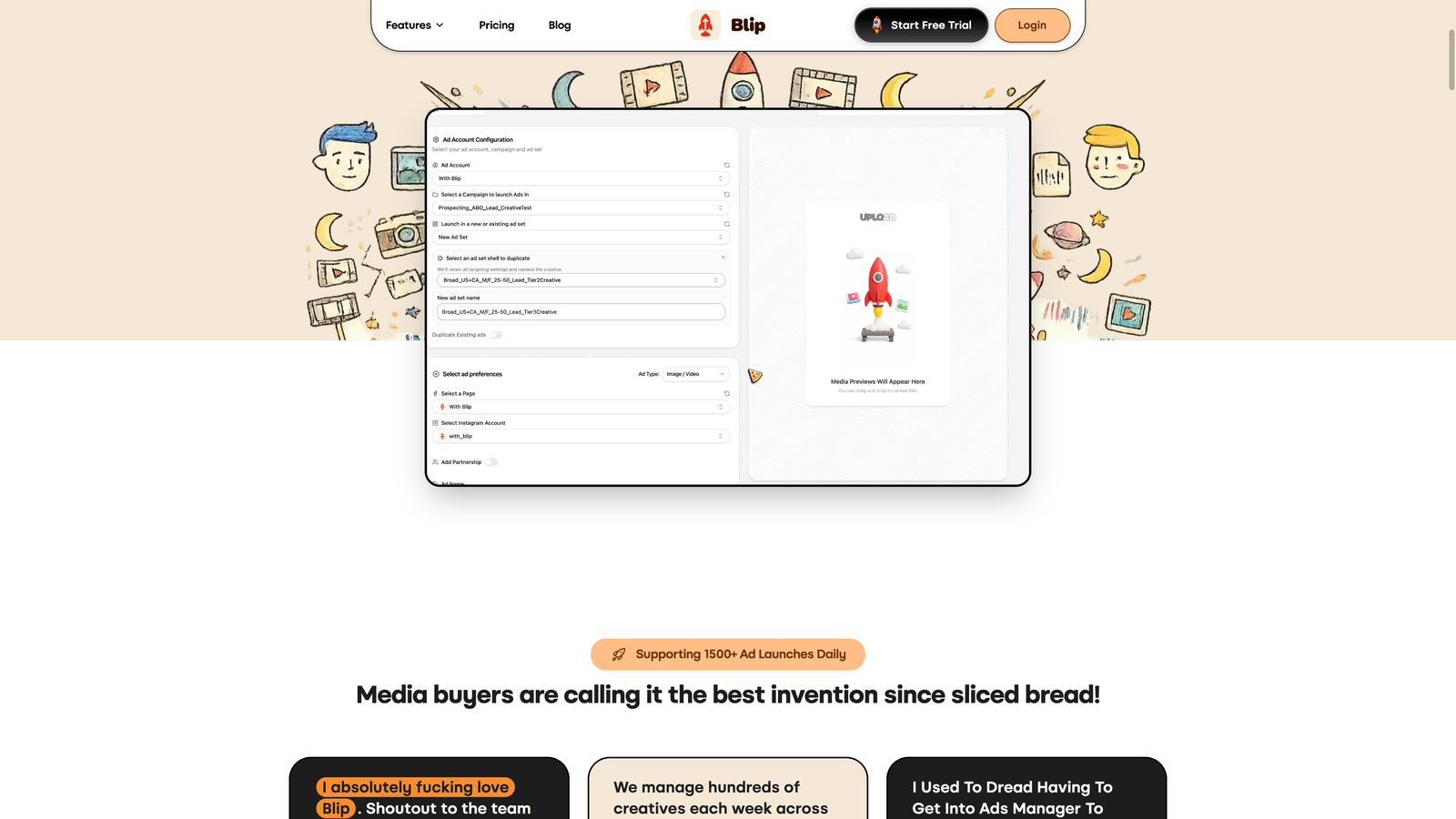 Blip's bulk launcher: ad-account and campaign setup with media upload, for Meta ads