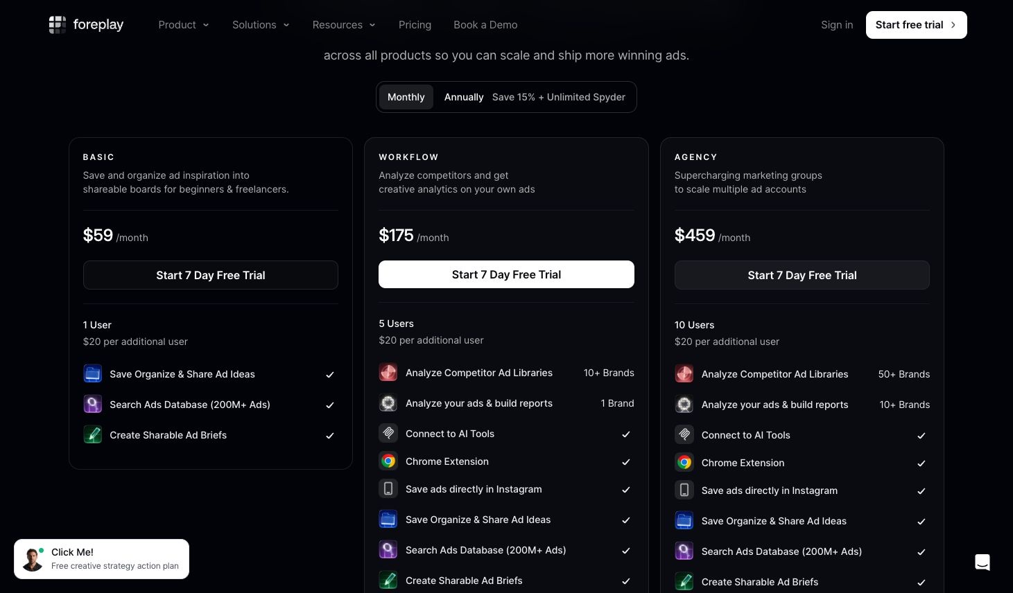Foreplay's published pricing and plan limits
