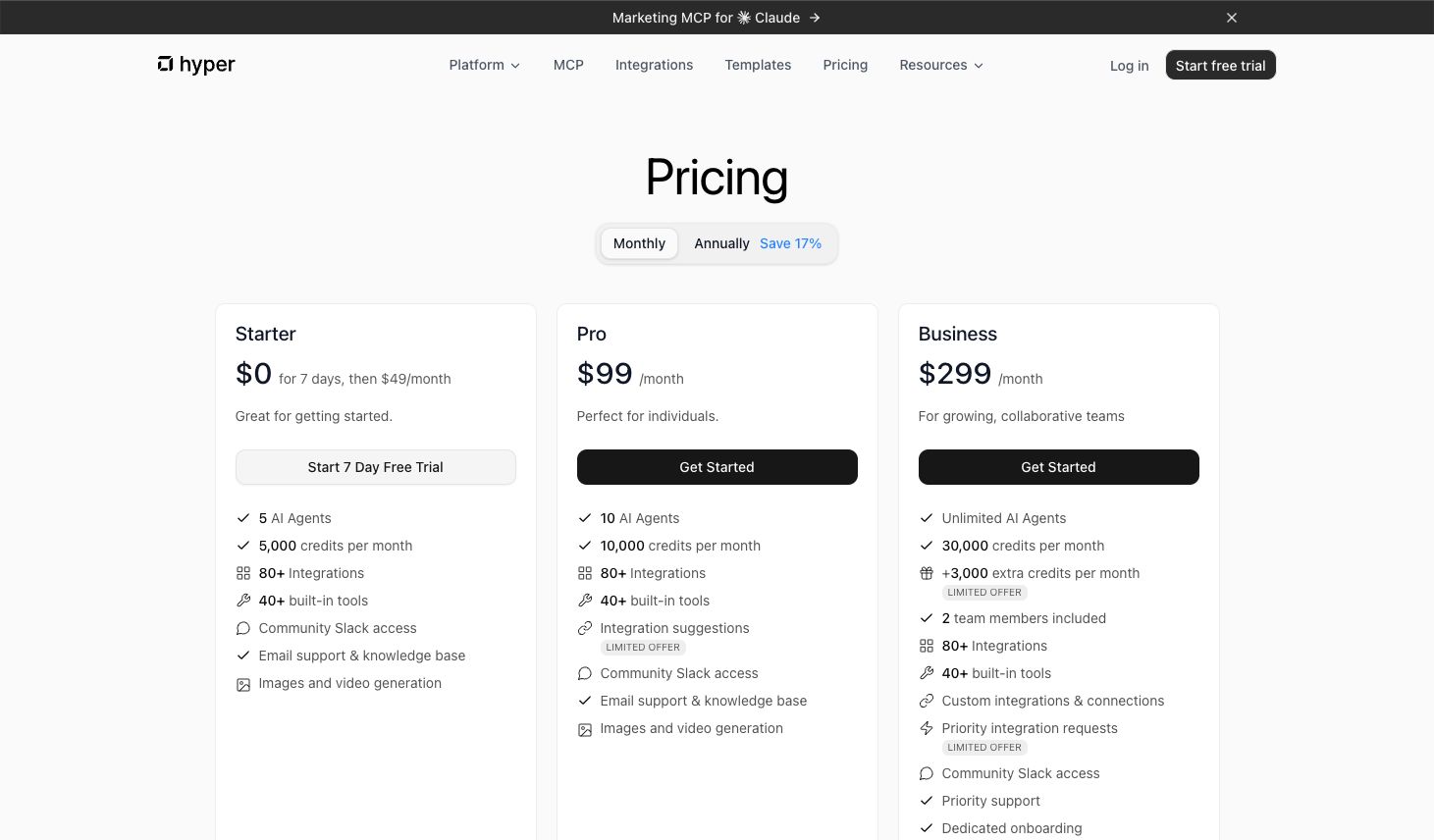 Hyper AI's published pricing and plan limits