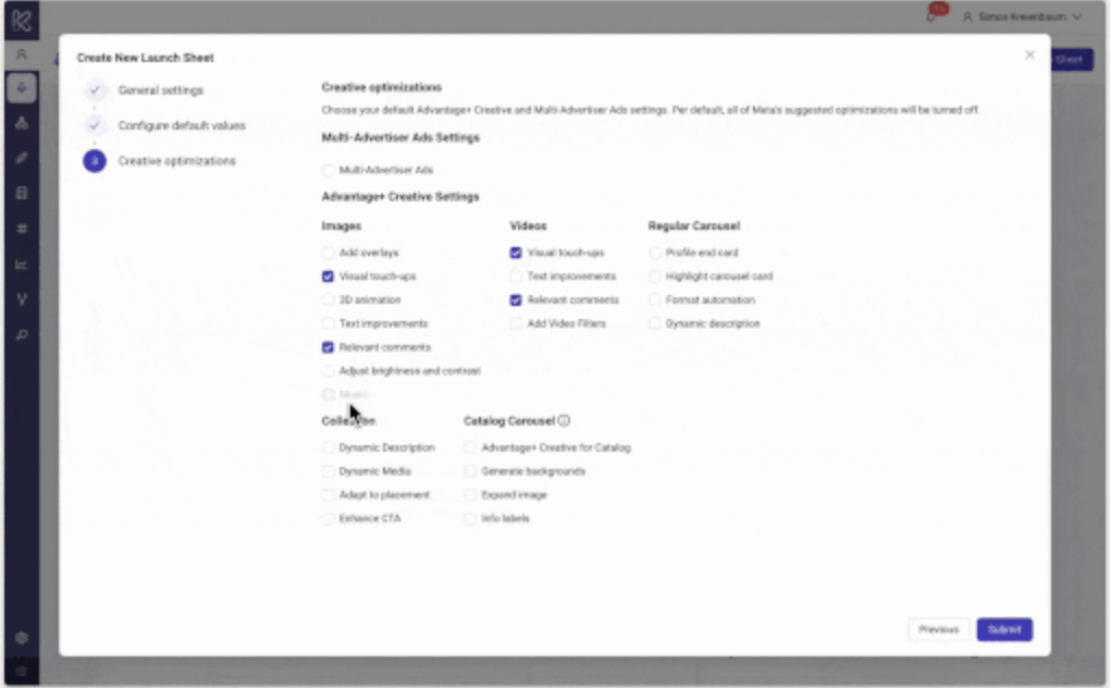 Kitchn.io settings interface for ad account and workflow configuration