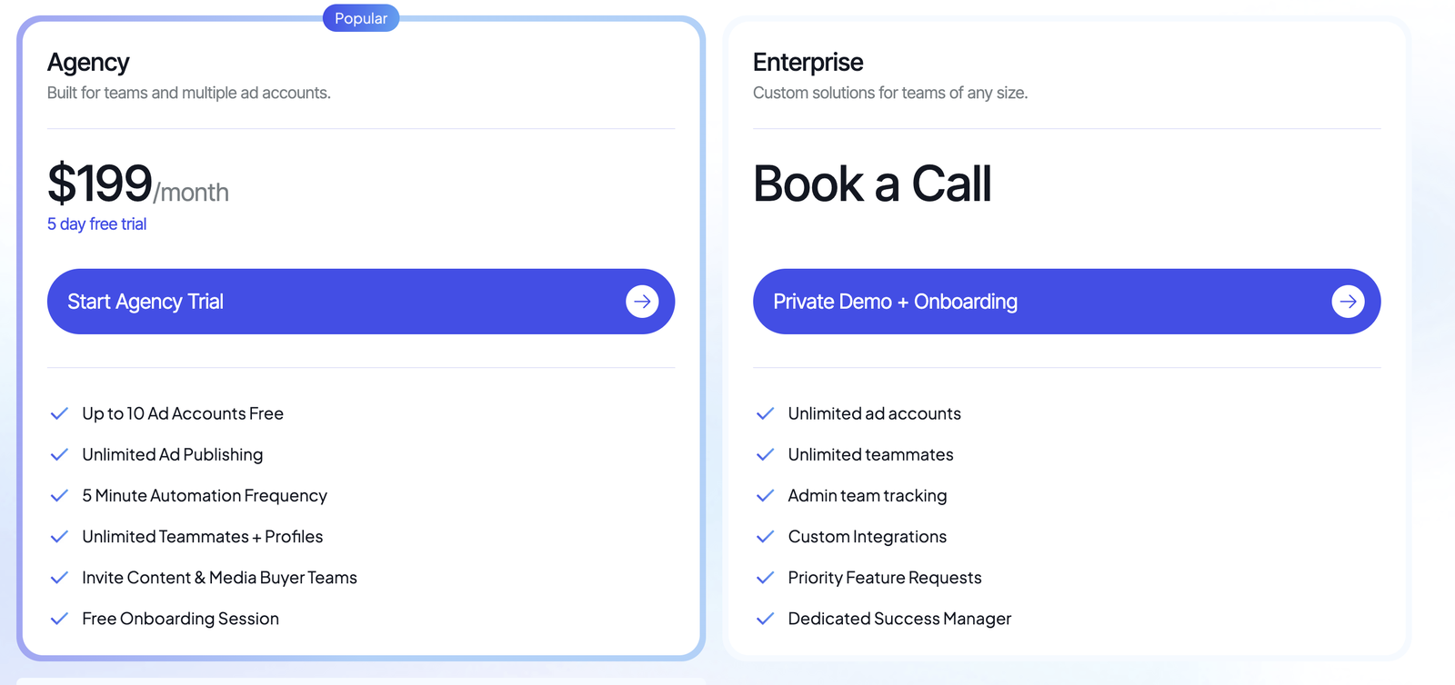 Koast's pricing page showing the Agency plan at 199 dollars a month with 10 ad accounts and unlimited publishing