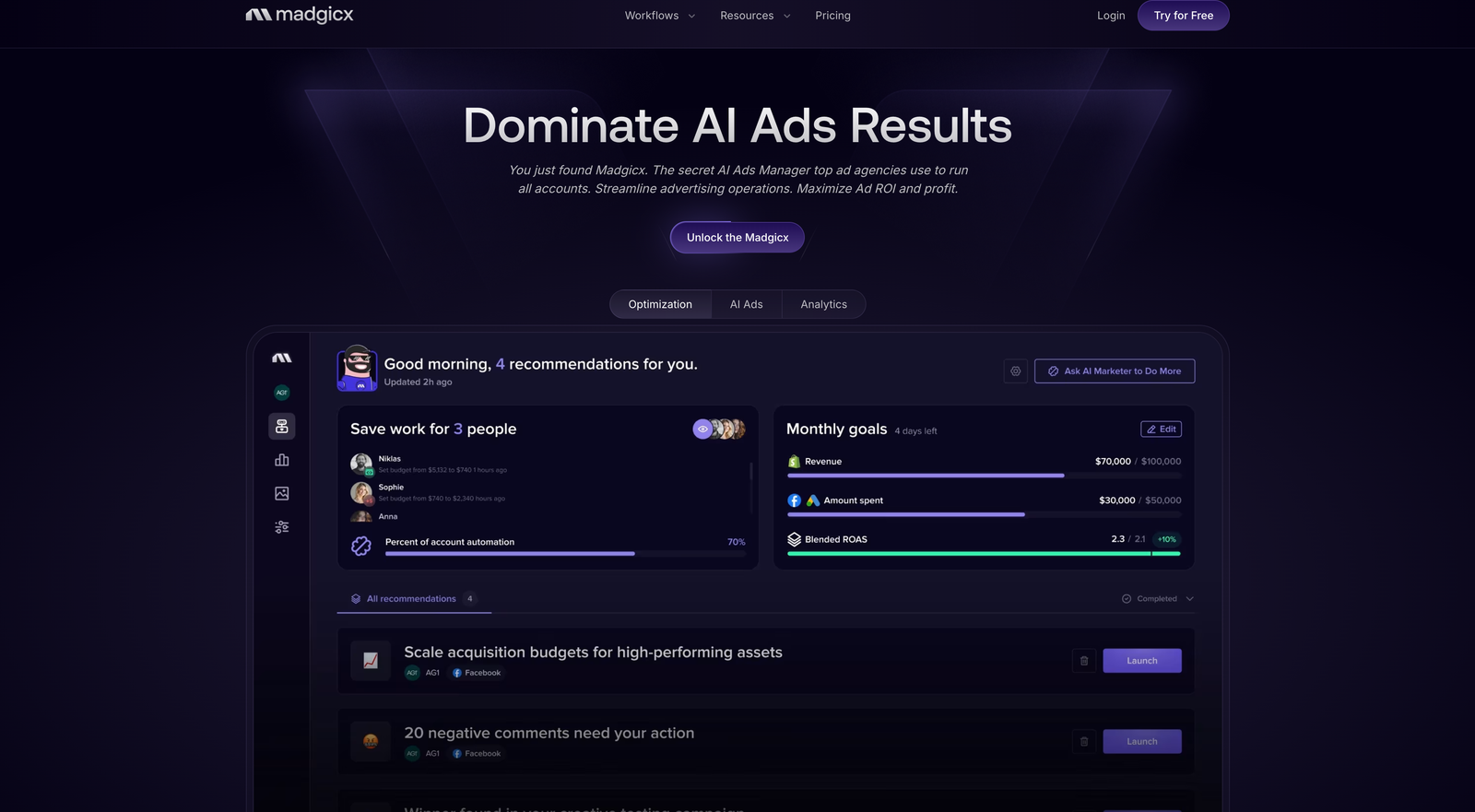 Madgicx's AI Marketer surfacing daily Meta optimization recommendations to act on