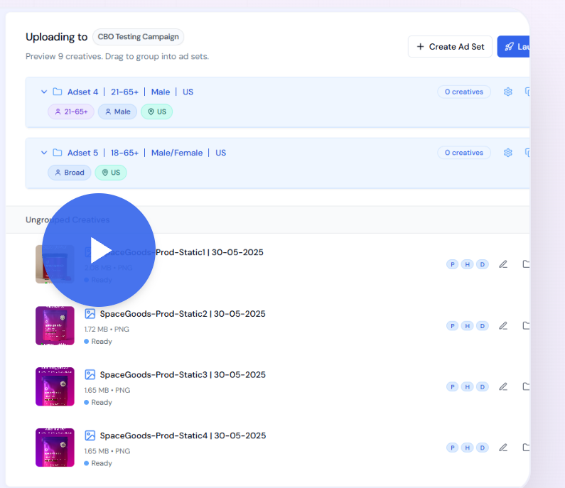 The Rapid Ads interface grouping uploaded creatives into ad sets for a one-click Meta launch