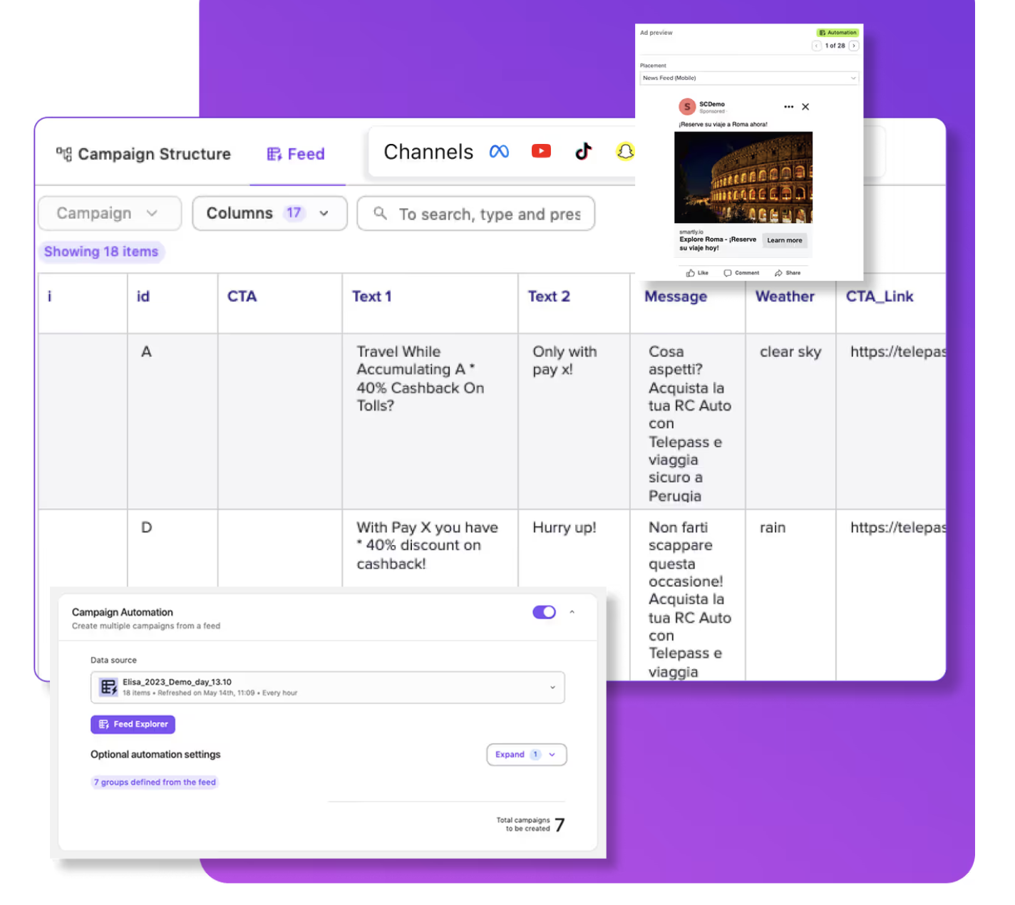 Smartly.io building campaigns from a data feed, generating seven campaign groups automatically with a live cross-channel ad preview