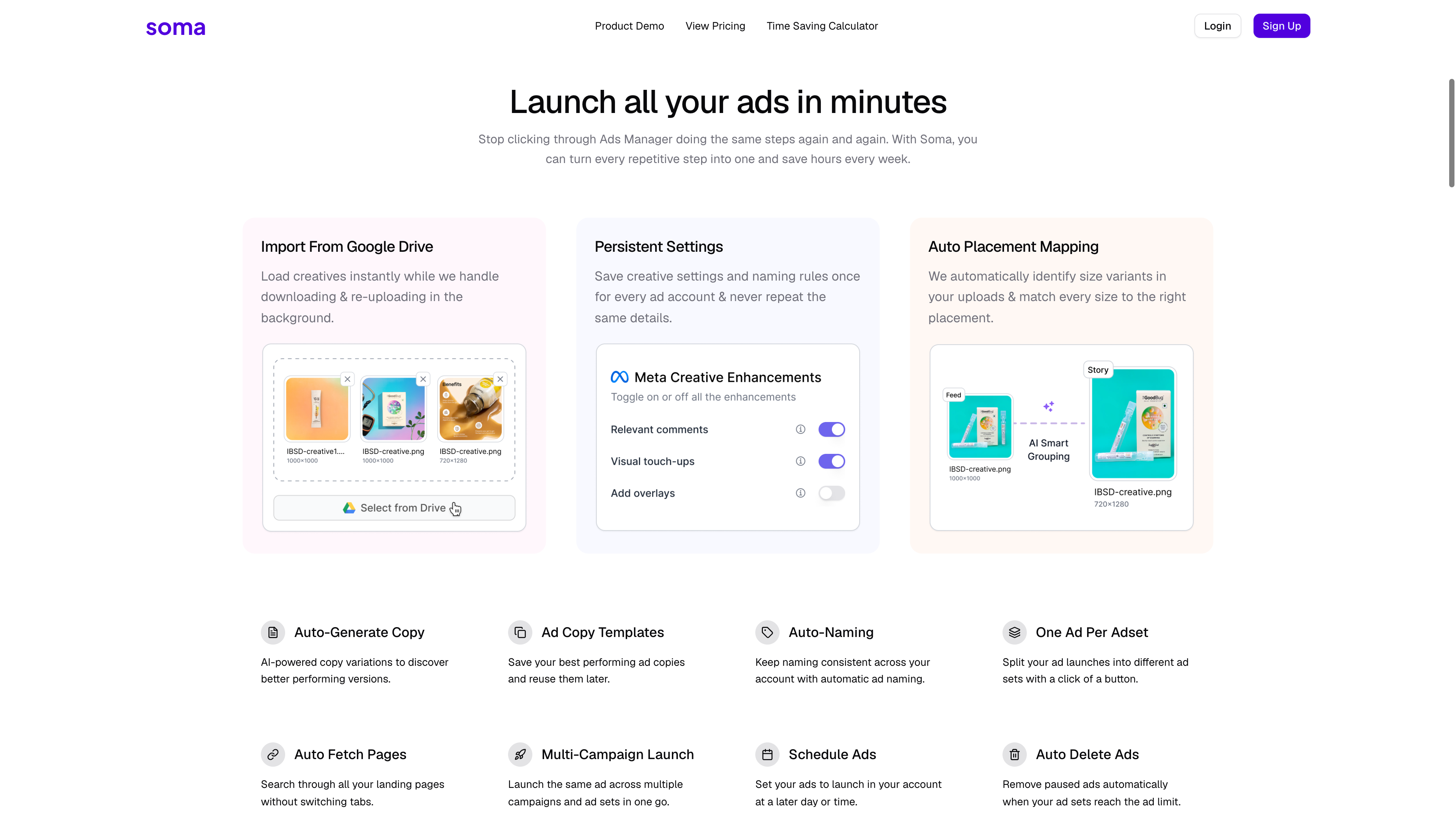 Soma's launch workflow: import from Google Drive, persistent settings and auto placement mapping, kept to Meta