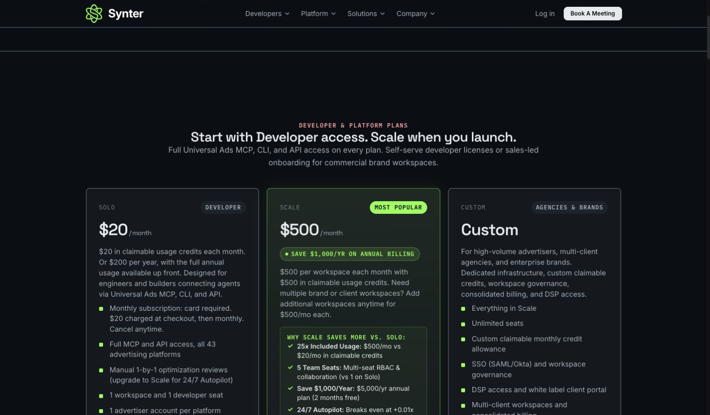 Synter's published pricing and plan limits