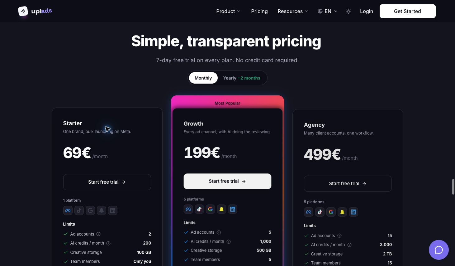 uplads's published pricing and plan limits