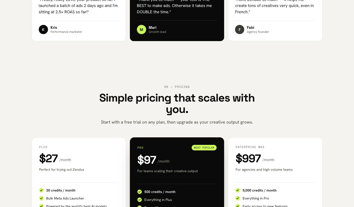Zendux AI's published pricing and plan limits