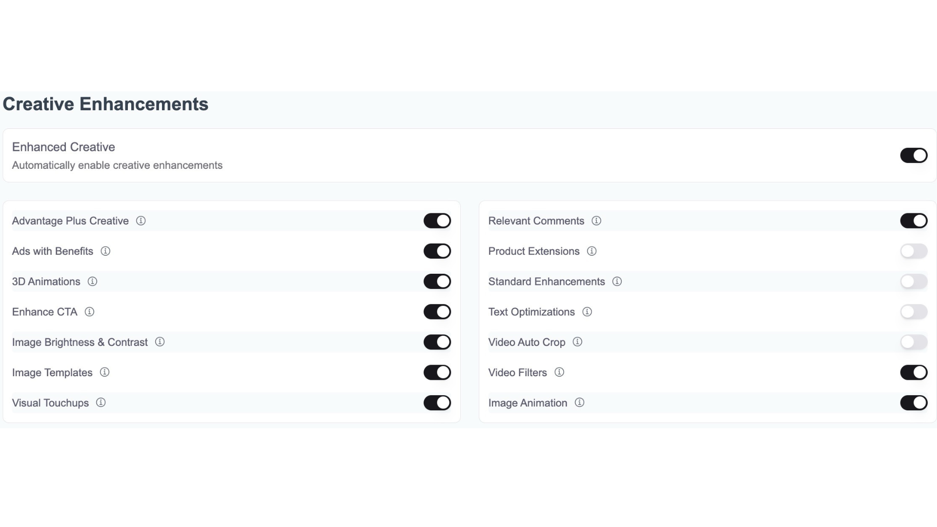 AdManage controls for individual Meta creative enhancements