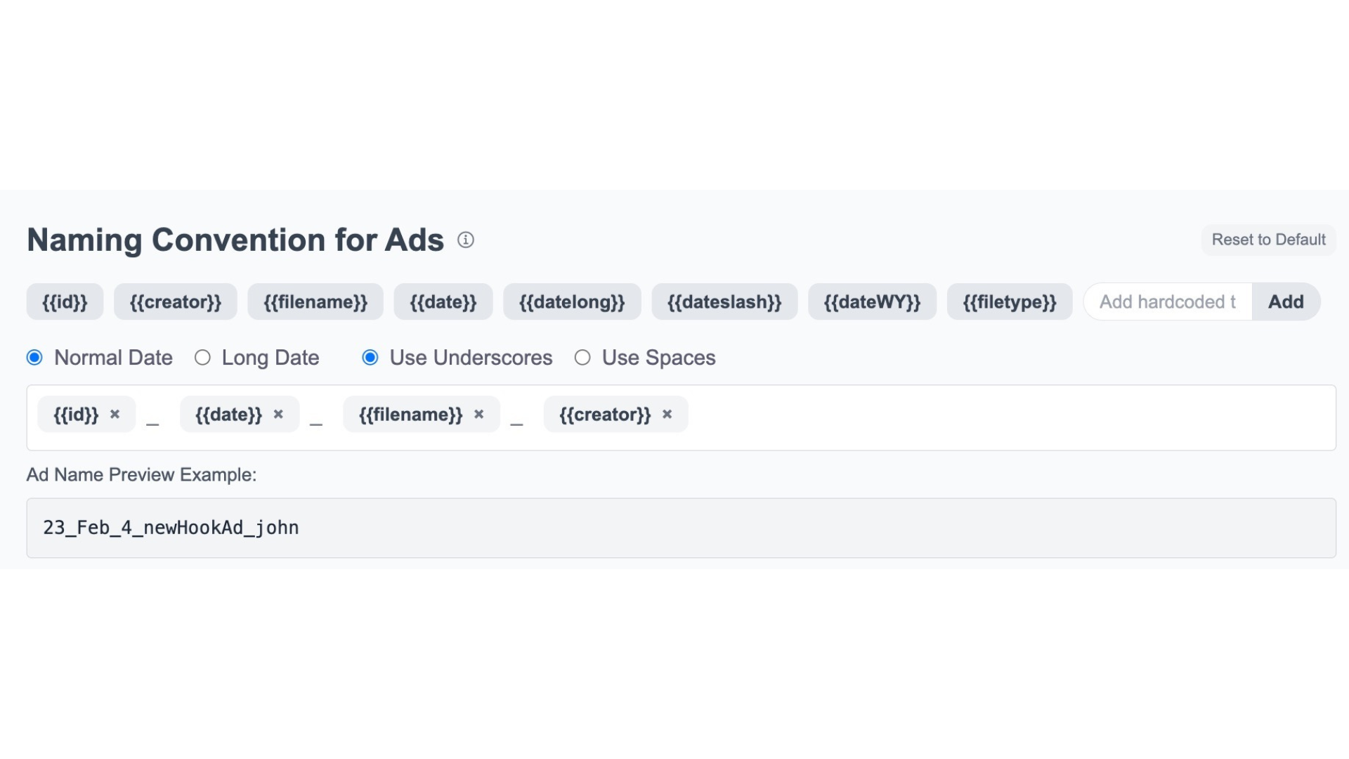 AdManage naming convention builder with reusable fields and an ad name preview