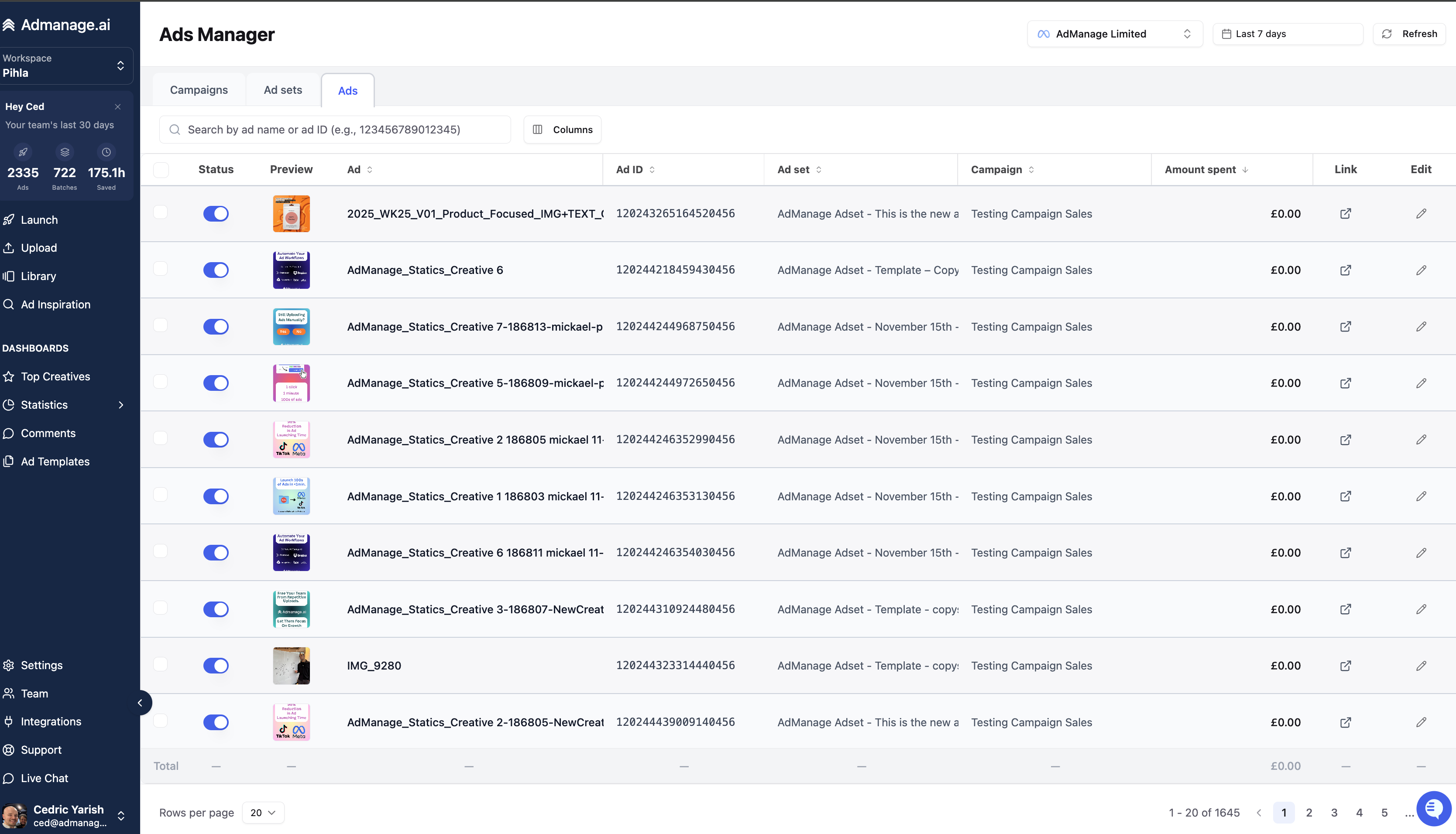 AdManage.ai Native Ads Manager Interface
