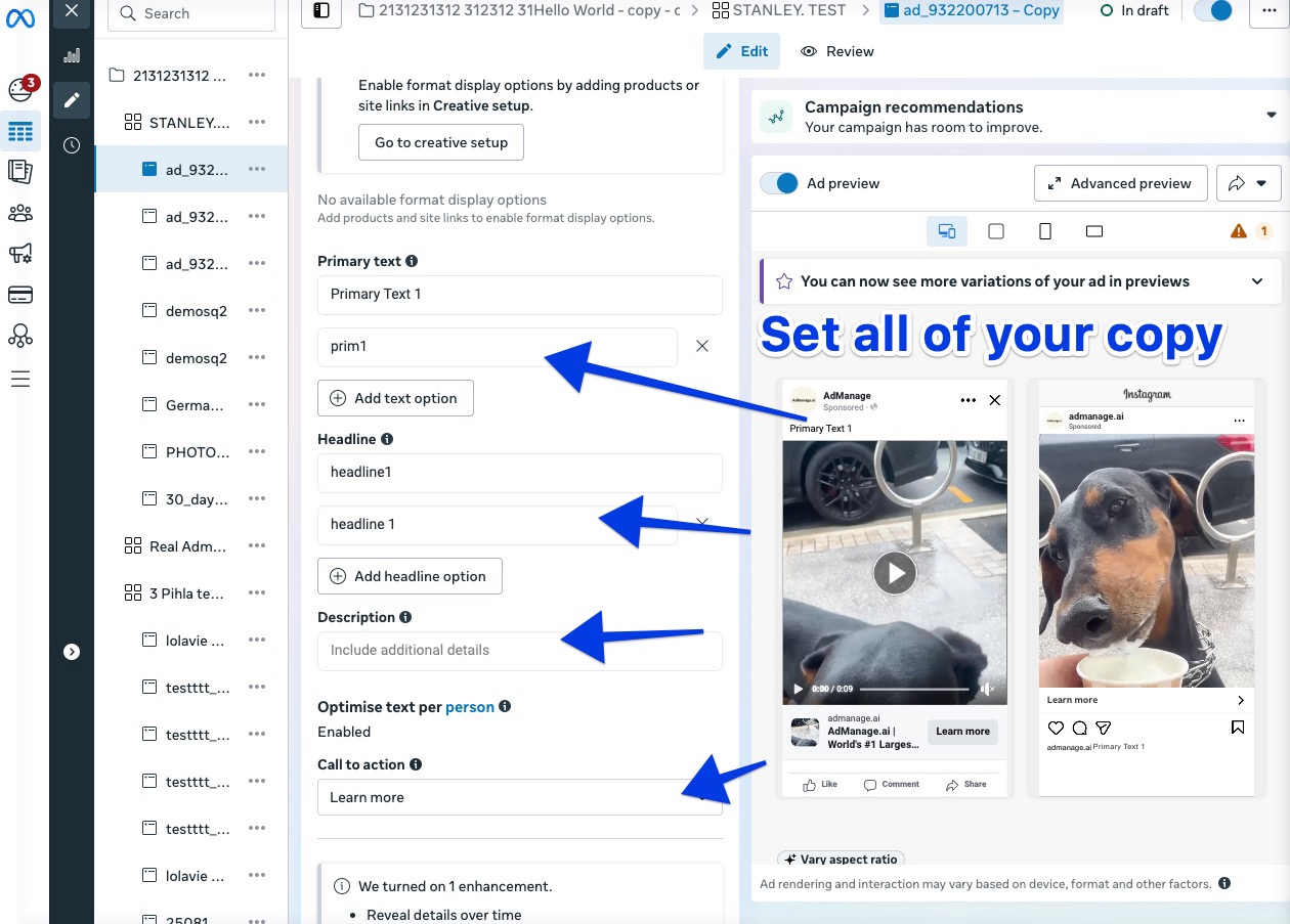 Setting ad copy in Meta Ads Manager