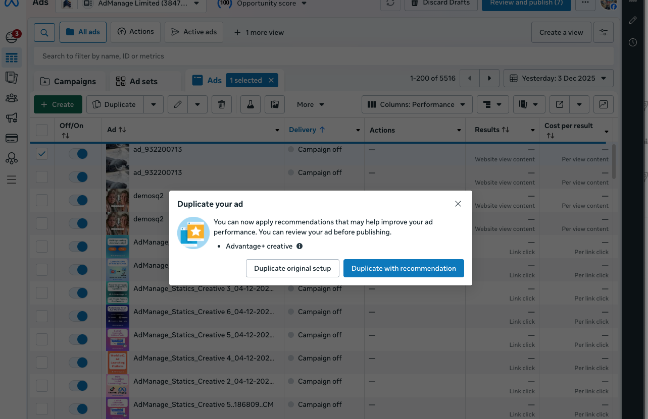 Duplicating ads in Meta Ads Manager