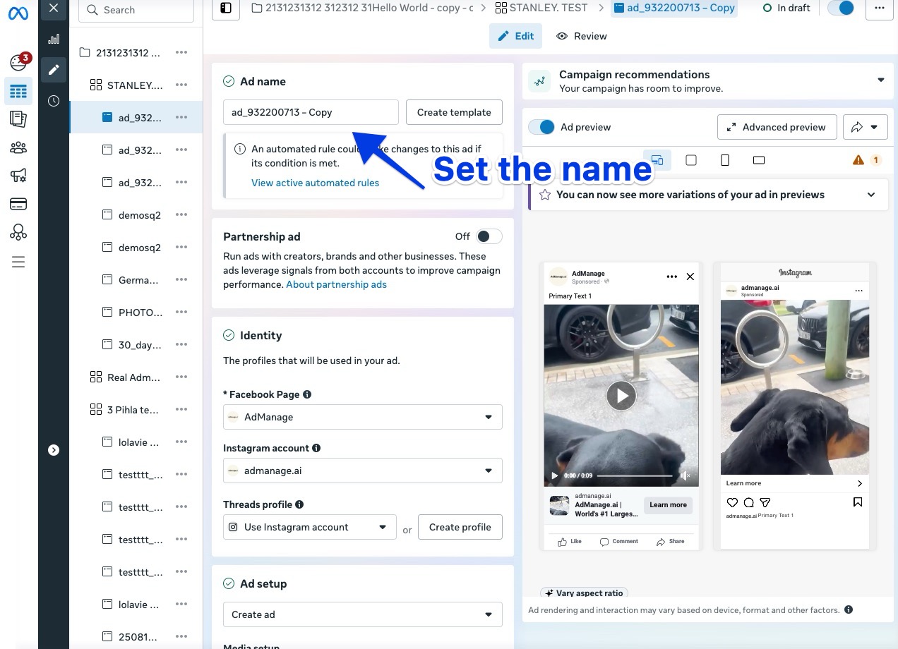 Setting ad name in Meta Ads Manager