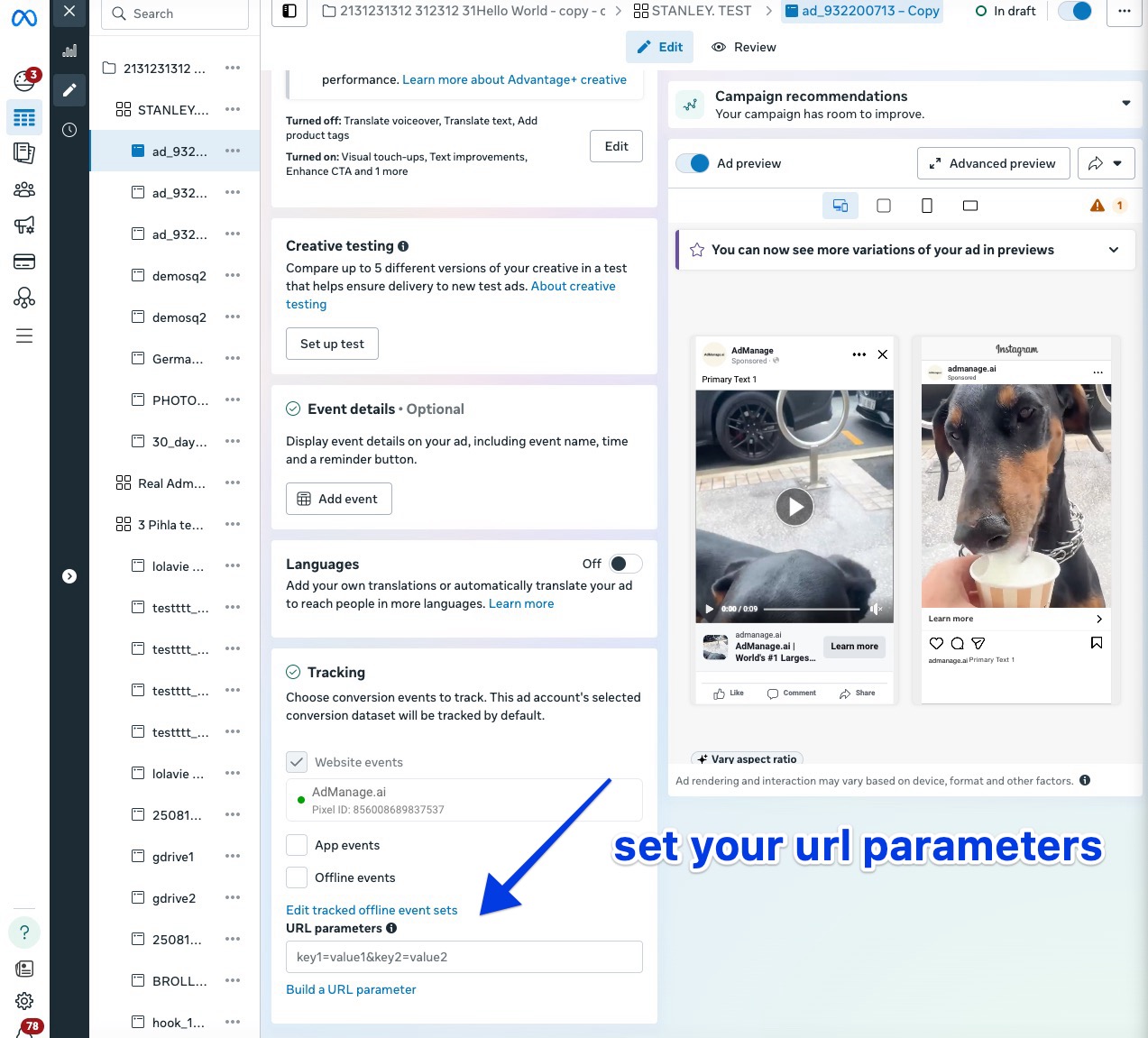 Setting URL parameters in Meta Ads Manager