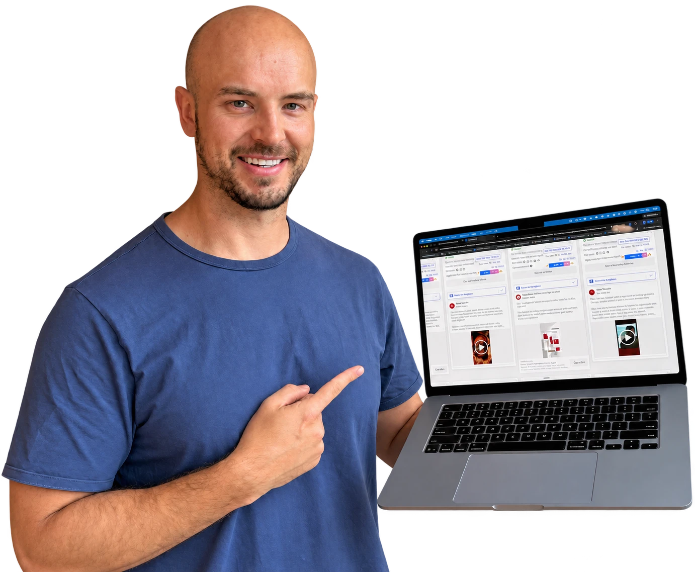 Cedric Yarish, AdManage co-founder, pointing at the ad-launching workflow on his laptop