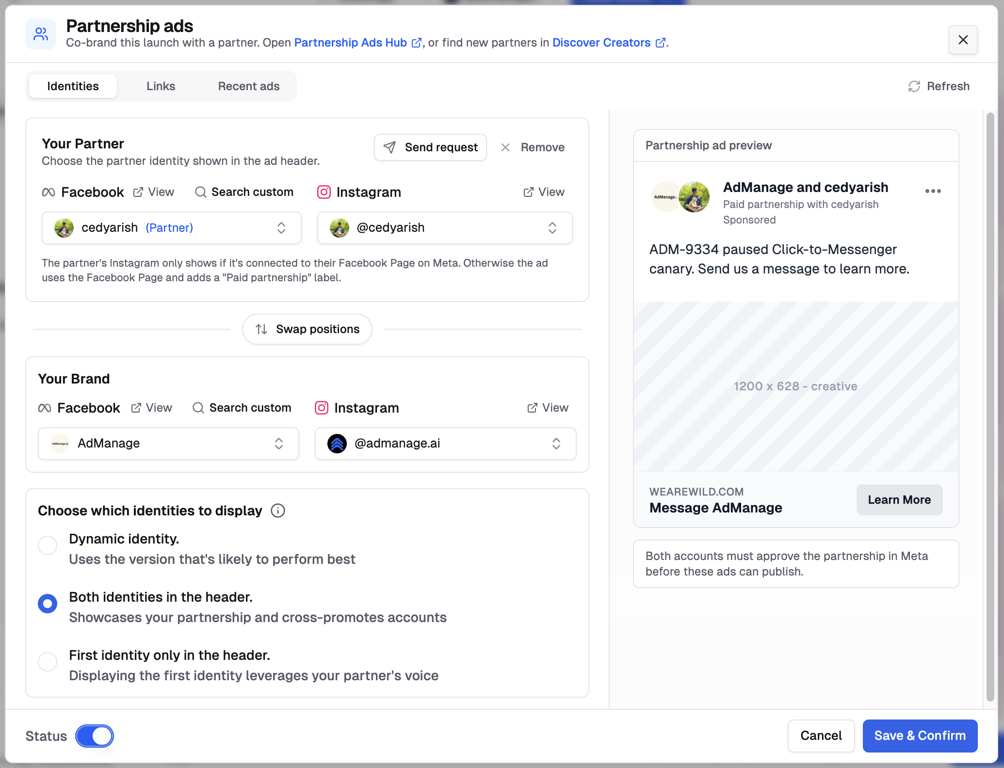 AdManage Partnership Ads identity controls showing partner and brand accounts, display options and an ad preview