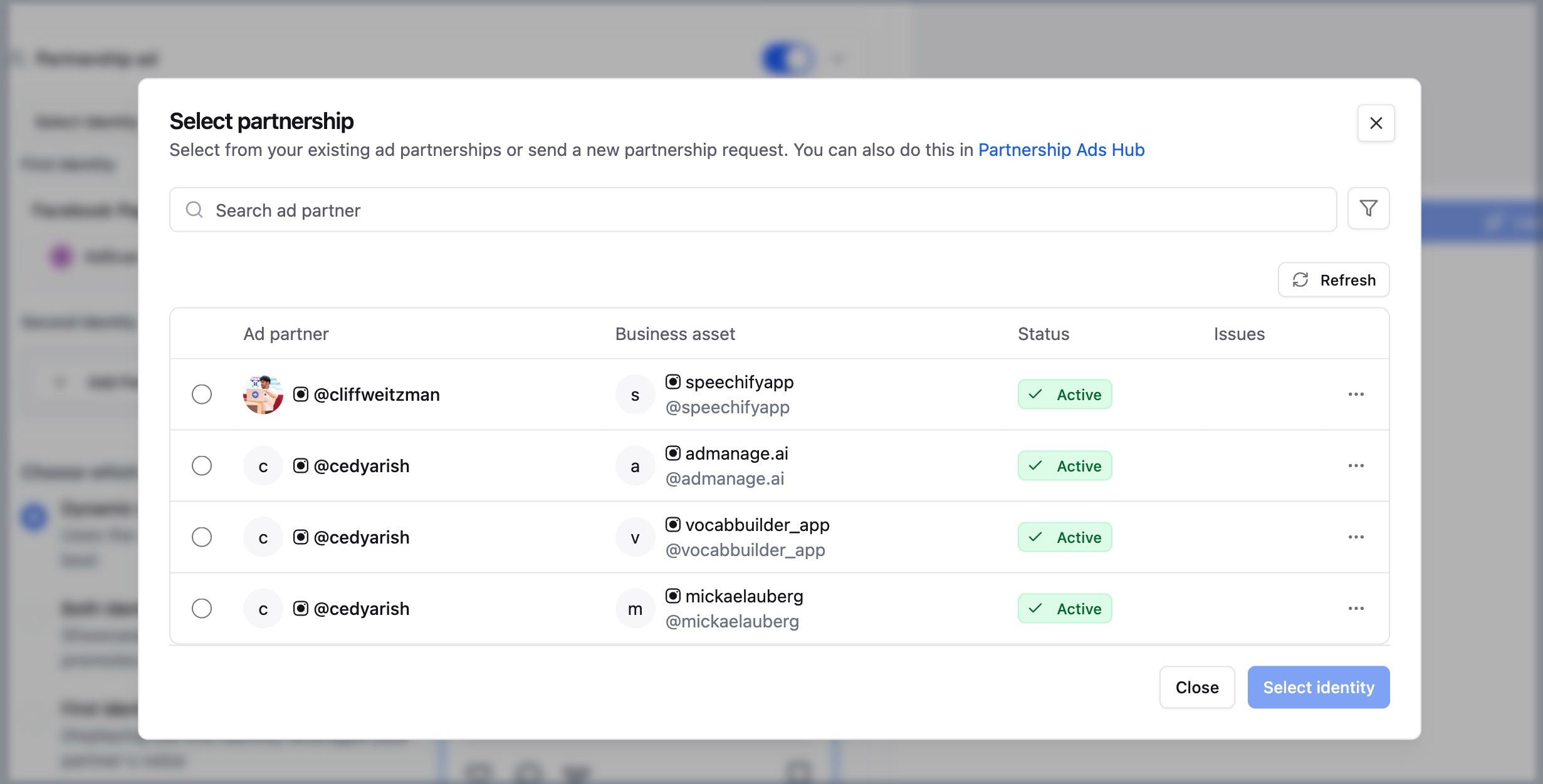 Select from existing partnerships