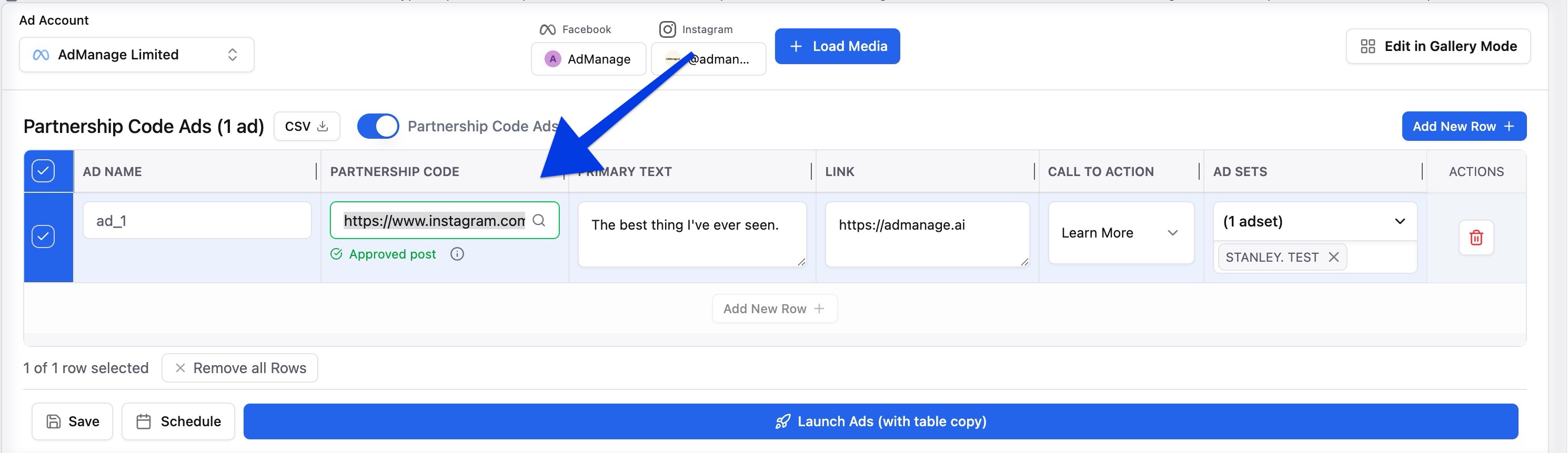 Create partnership ads via Instagram URL