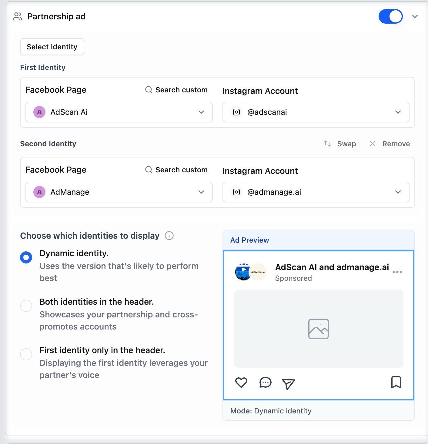 Partnership ad view showing identity options