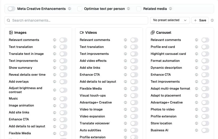 Live AdManage Meta enhancement controls with separate settings for images, videos and carousels, plus saved presets