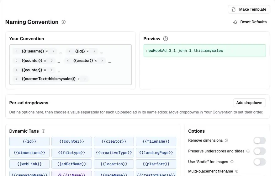 Live AdManage naming convention builder showing dynamic tags, a generated ad name preview and per-ad dropdowns