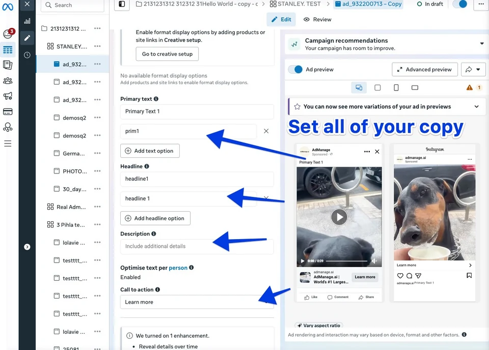 Setting ad copy in Meta Ads Manager