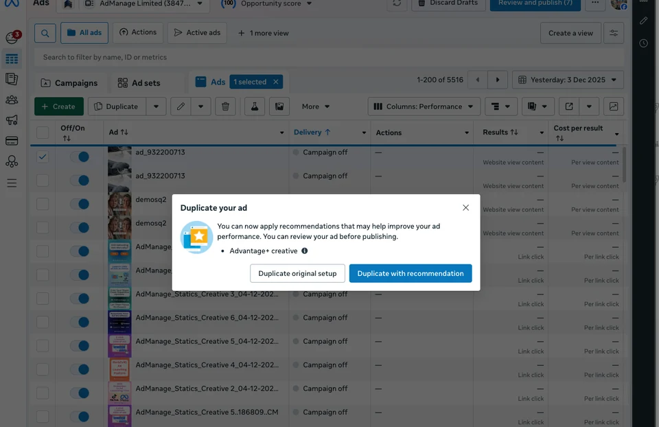 Duplicating ads in Meta Ads Manager