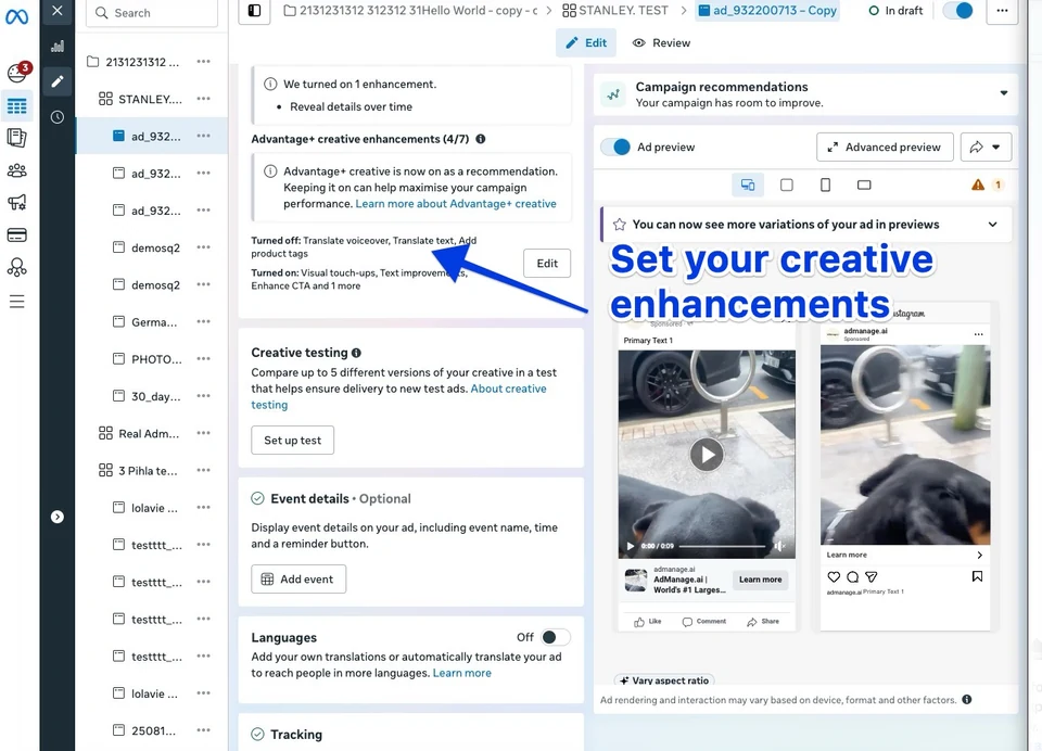 Setting creative enhancements in Meta Ads Manager