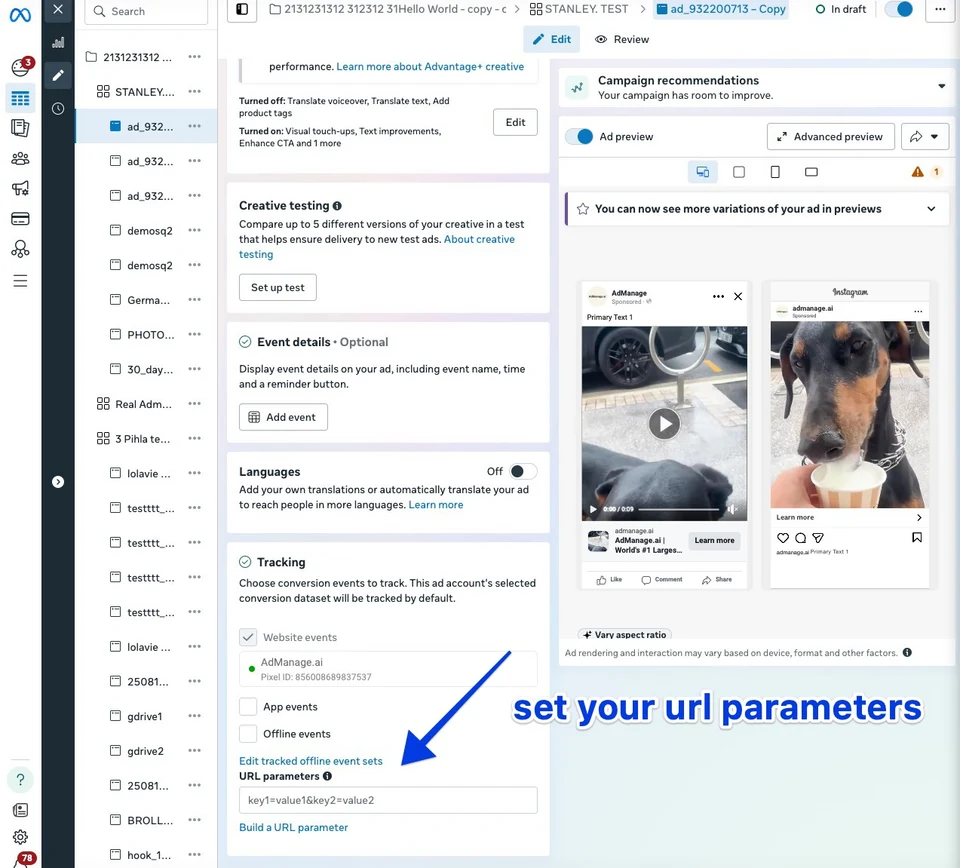Setting URL parameters in Meta Ads Manager