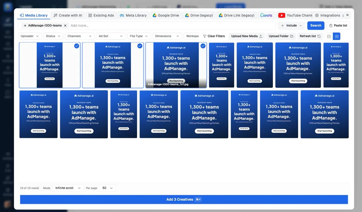 AdManage media picker showing selected campaign images ready to add to a batch
