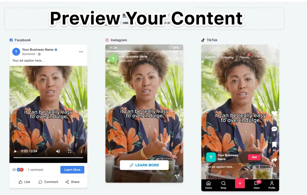 Ad previews showing Facebook, Instagram and TikTok placements