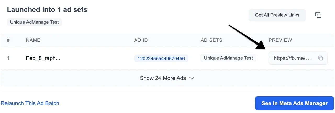 AdManage bulk-launch summary showing ads pushed live into Meta Ads Manager