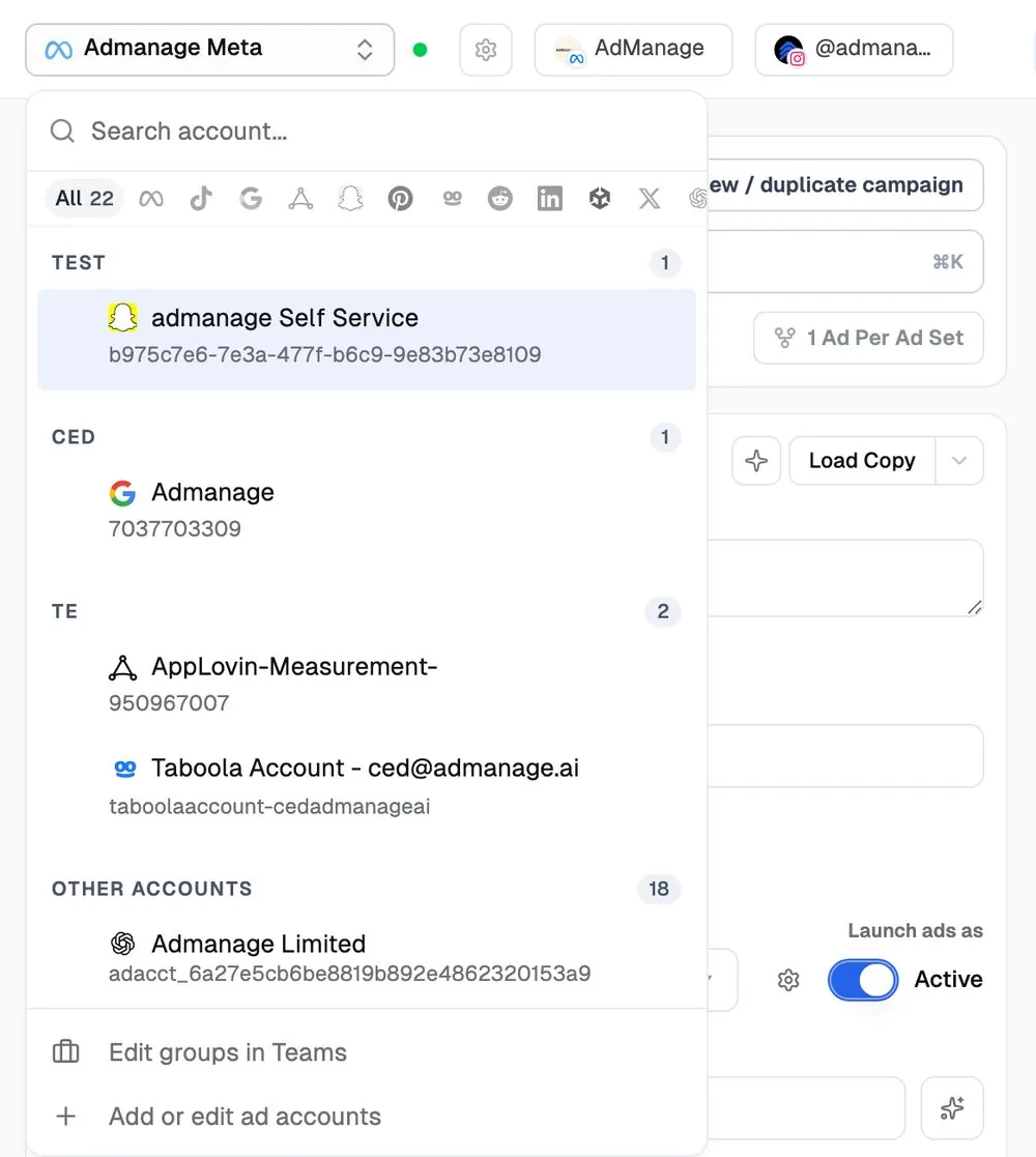 AdManage account switcher filtering connected accounts by ad channel