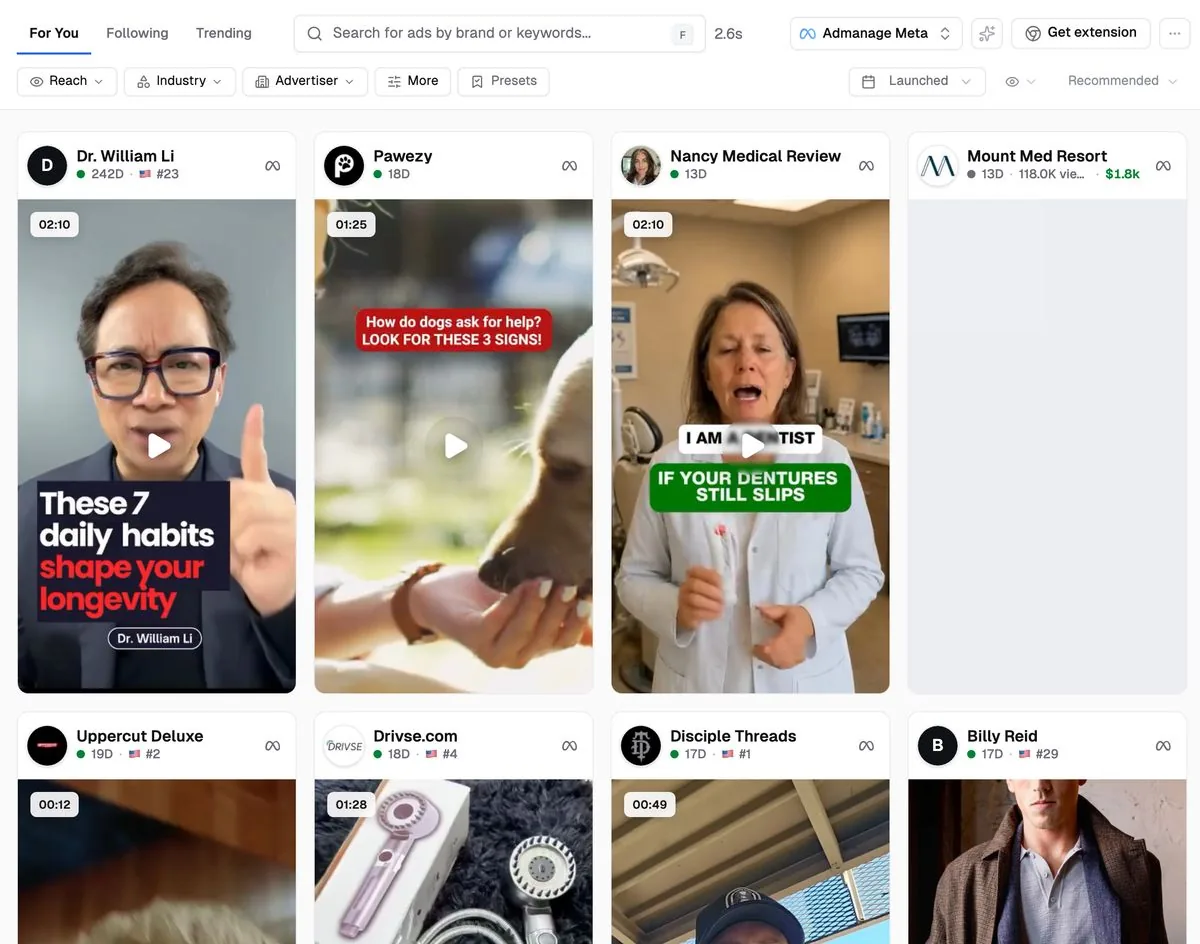 AdScan discovery feed showing competitor video ads with advertiser names and run times