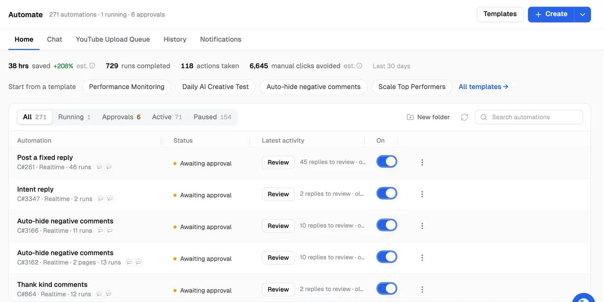 AdManage automations dashboard showing hours saved and comment automations awaiting approval